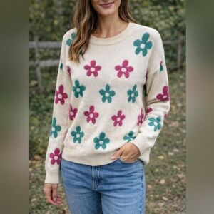 Staccato Floral Sweater Size M Cream Knit Pink Green Flower Pattern  Pullover